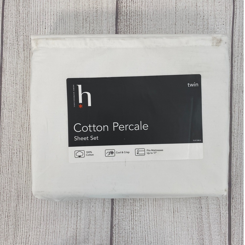 Home Expressions Sheet Set Twin Bright White Cotton Percale 3pc Deep Pocket